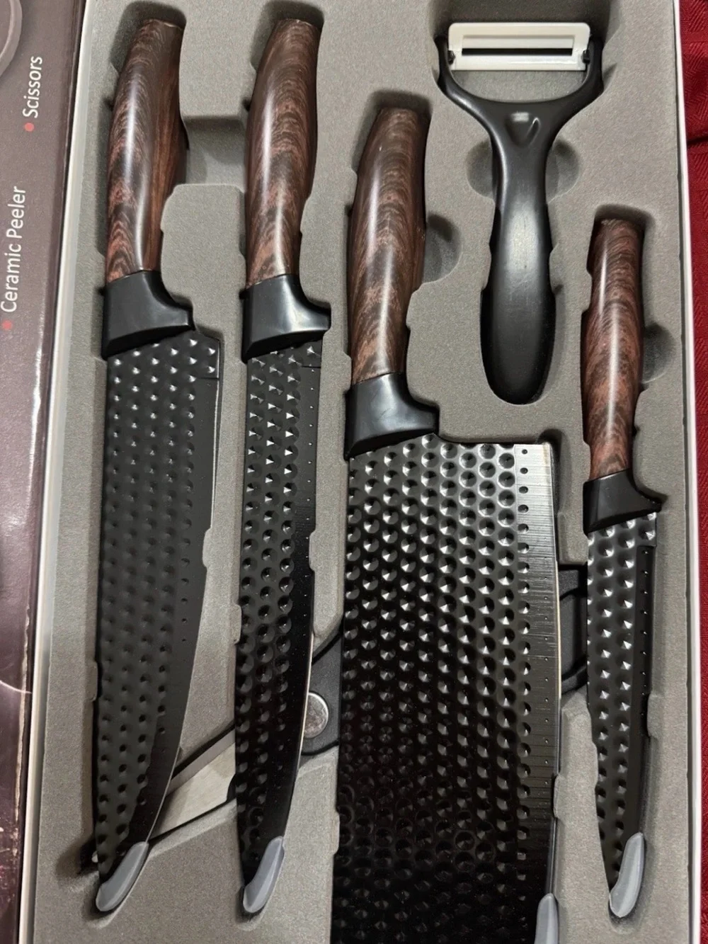 6-Piece Black Blade Knife Set with scissors Wood-Effect Handles and Peeler